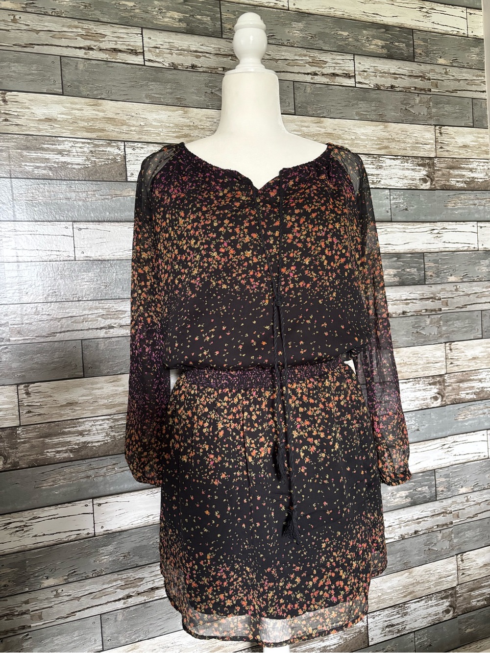 Jessica Simpson Boho Floral Crinkle Chiffon Semi Sheer Mini Dress Womens Size S